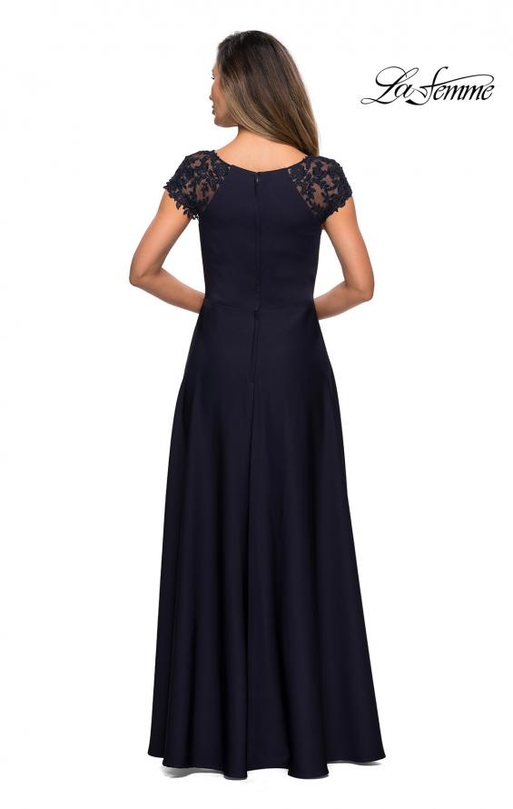 Picture of: Long Satin Dress with Sheer Floral Lace Cap Sleeves in Navy, Style: 28100, Detail Picture 2