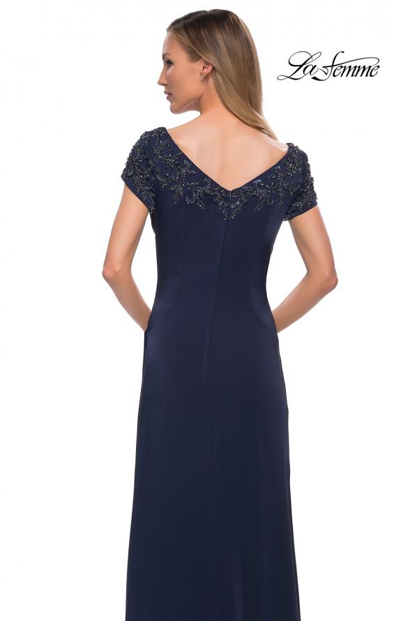 Picture of: Short Sleeve Evening Dress with Beaded Neckline in Navy, Detail Picture 2