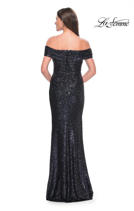 Picture of: Off the Shoulder Sequin Gown with Ruching in Navy, Style: 31772, Detail Picture 2