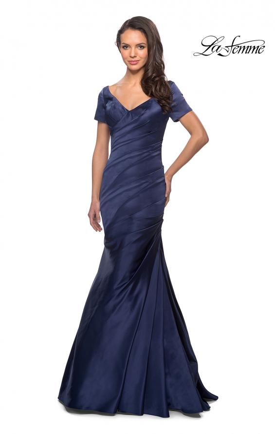 Picture of: Long Satin Gown with Elegant Ruching in Navy, Style: 26947, Detail Picture 3
