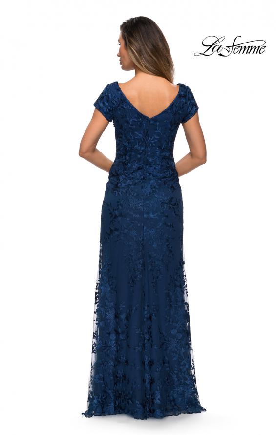 Picture of: Long Three Quarter Sleeve Floral Lace Evening Gown in Navy, Style: 27842, Detail Picture 3