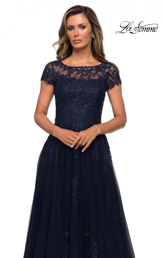 Picture of: Beaded Lace Rhinestone A-line Evening Gown in Navy, Style: 27920, Detail Picture 3