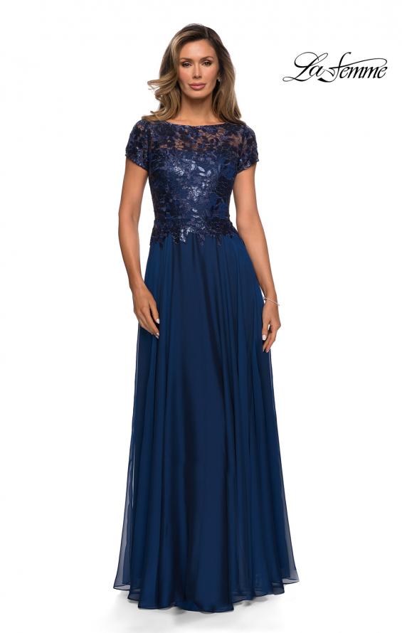 Picture of: Short Sleeve Metallic Lace Evening Dress with Chiffon Skirt in Navy, Style: 27924, Detail Picture 3