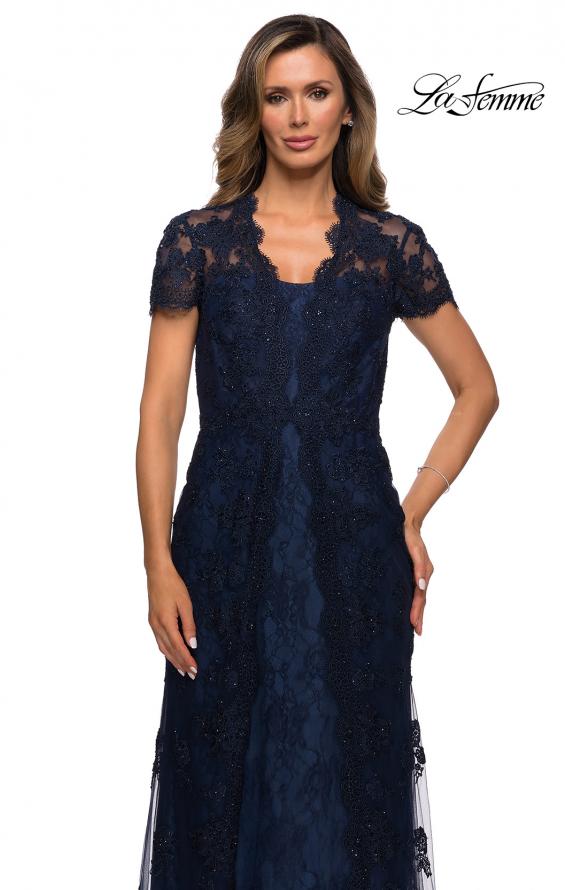 Picture of: Long Lace Evening Dress with Scallop Detailing and Rhinestones in Navy, Style: 28195, Detail Picture 3