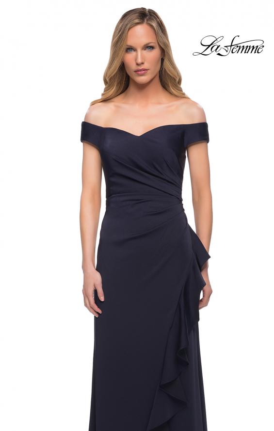 Picture of: Off the Shoulder Jersey Evening Gown with Ruffle Skirt Detail in Navy, Detail Picture 3