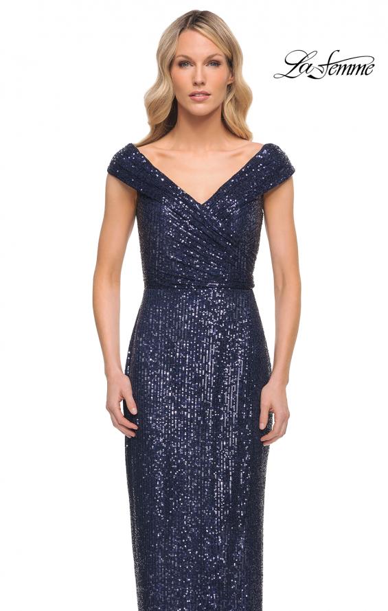 Picture of: Sequin Long Evening Dress with Ruching and V Neck in Blue, Style: 30326, Detail Picture 3