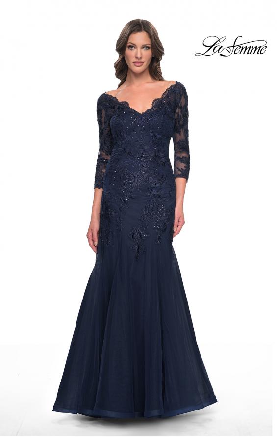 Picture of: Mermaid Tulle and Lace Dress with Scallop Detailed Neckline in Navy, Style: 30823, Detail Picture 3