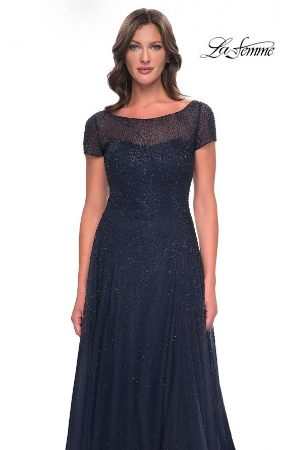 Picture of: Beaded A-Line Dress with Illusion Neckline and Sleeves in Navy, Style: 30852, Detail Picture 3