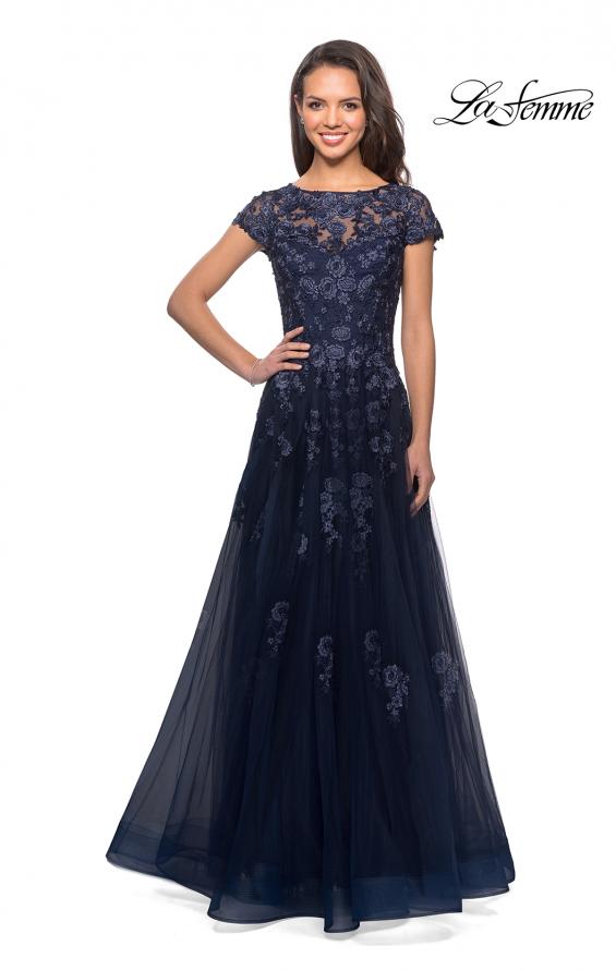Picture of: Long Tulle Gown with Intricate Lace Detailing in Navy, Style: 26907, Detail Picture 4