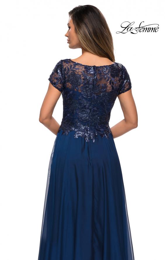 Picture of: Short Sleeve Metallic Lace Evening Dress with Chiffon Skirt in Navy, Style: 27924, Detail Picture 4