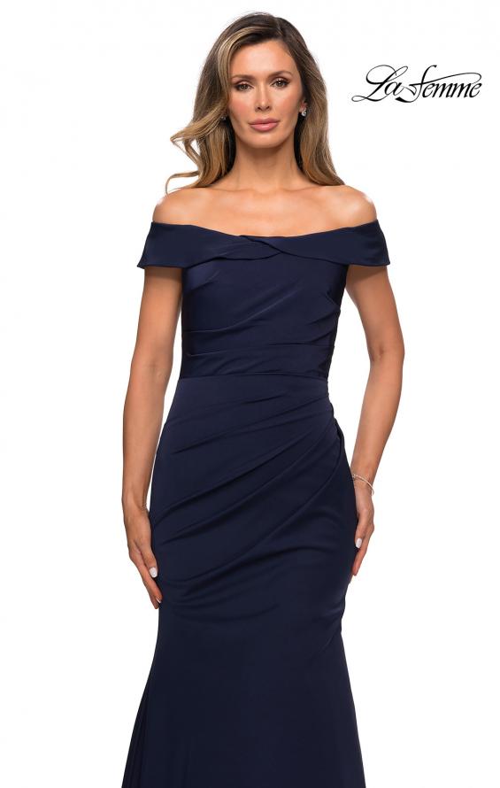 Picture of: Off the Shoulder Satin Evening Gown with Ruching in Navy, Style: 28110, Detail Picture 4