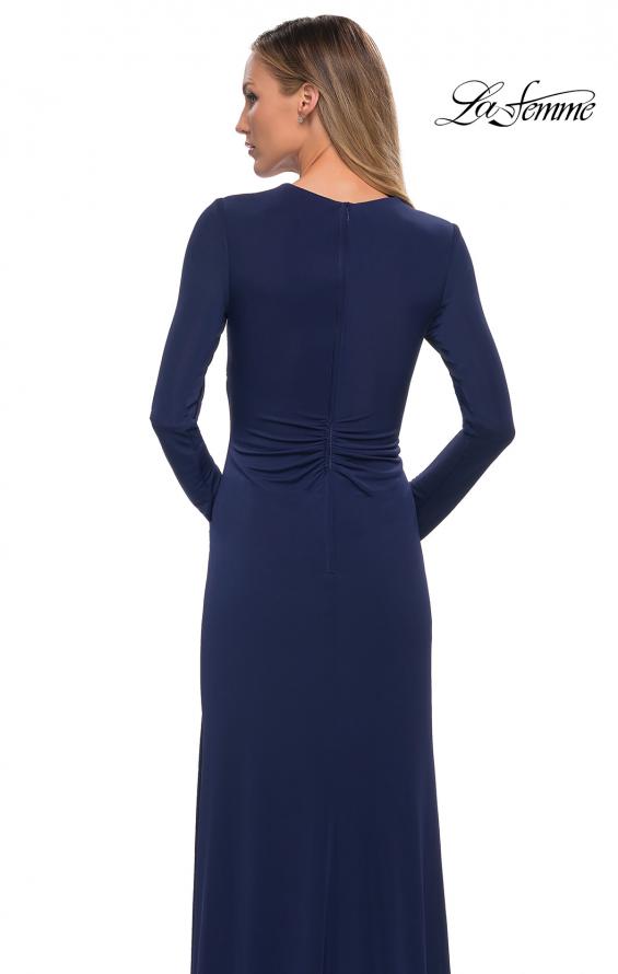 Picture of: Long Sleeve Jersey Dress with Criss-Criss Front Ruching in Navy, Detail Picture 4