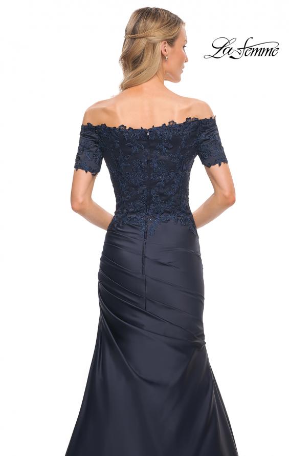 Picture of: Off the Shoulder Satin and Lace Mermaid Pleated Gown in Blue, Style: 30199, Detail Picture 4