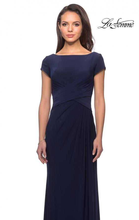 Picture of: Floor Length Jersey Evening Gown with Cap Sleeves in Navy, Style: 28026, Detail Picture 5