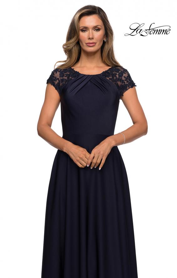 Picture of: Long Satin Dress with Sheer Floral Lace Cap Sleeves in Navy, Style: 28100, Detail Picture 5