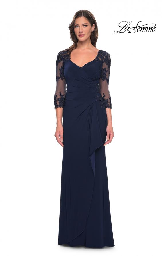 Picture of: Lace and Net Jersey Gown with Illusion Sleeves in Navy, Style: 30384, Detail Picture 5