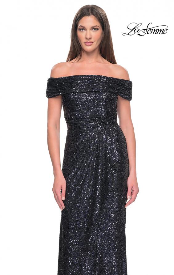 Picture of: Off the Shoulder Sequin Gown with Ruching in Navy, Style: 31772, Detail Picture 5