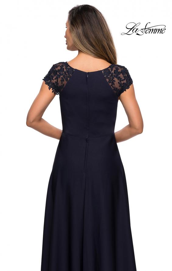 Picture of: Long Satin Dress with Sheer Floral Lace Cap Sleeves in Navy, Style: 28100, Detail Picture 6