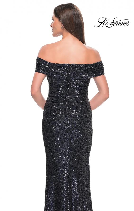 Picture of: Off the Shoulder Sequin Gown with Ruching in Navy, Style: 31772, Detail Picture 6