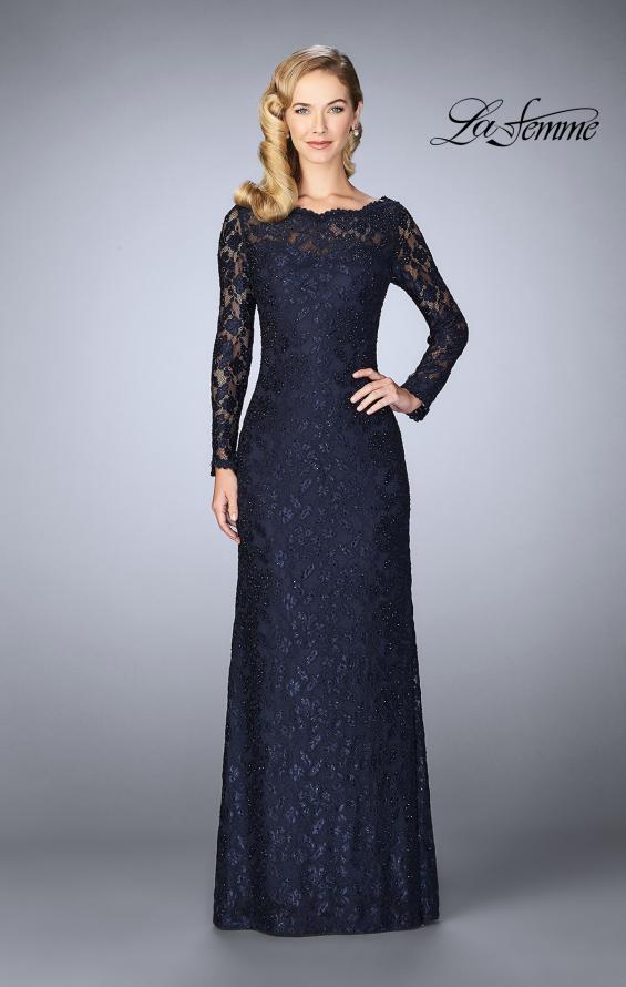 Picture of: Lace Gown with Long Illusion Sleeves and Closed Back in Navy, Style: 24869, Main Picture