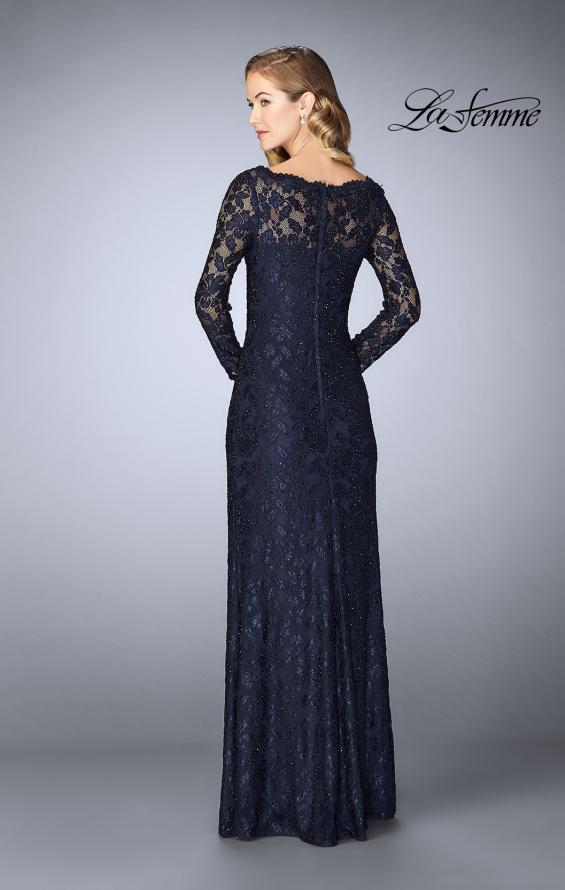 Picture of: Lace Gown with Long Illusion Sleeves and Closed Back in Navy, Style: 24869, Back Picture