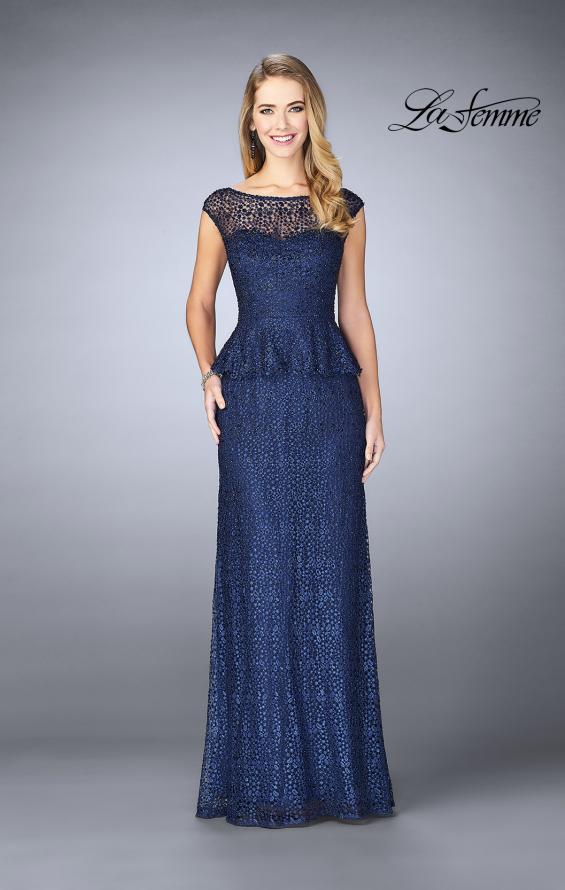 Picture of: Lace A-line Gown With Sheer Neckline and Peplum in Navy, Style: 24896, Detail Picture 3