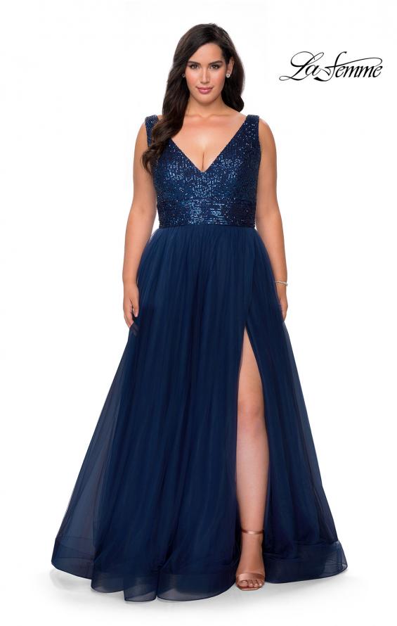 Picture of: Curvy A-line Prom Gown with Sequin Bodice and Tulle Skirt in Navy, Style: 29045, Main Picture