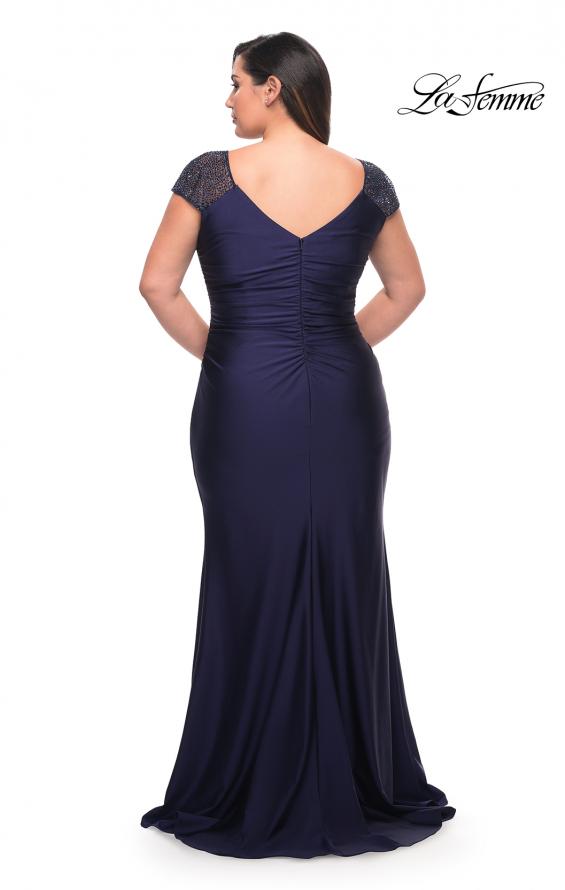 Picture of: Long Jersey Gown with Jeweled Cap Sleeves in Navy, Style: 29481, Back Picture