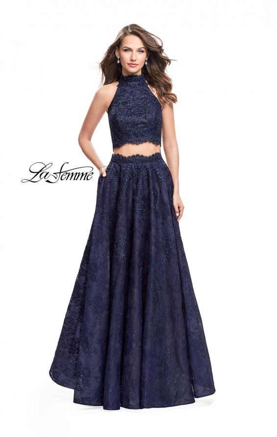 Picture of: Long Lace A-line Two Piece Prom Dress with Cut Outs in Navy, Style: 26103, Main Picture