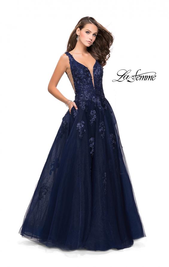 Picture of: Tulle Ball Gown with Beading, Lace, and Mesh Detailing in Navy, Style: 26334, Main Picture