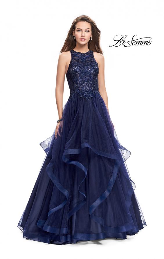 Picture of: Ball Gown with Tulle Skirt, High Neck, Beads, and Lace in Navy, Style: 26386, Main Picture
