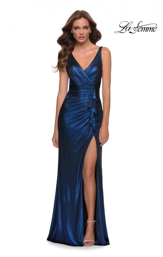 Picture of: Gorgeous Metallic Jersey Gown with Ruffle Detail in Navy, Style 29759, Main Picture