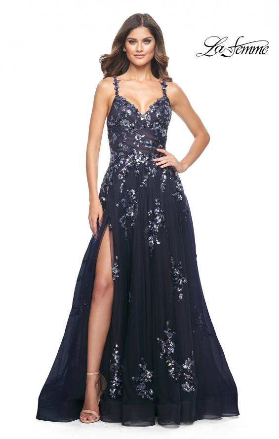 Picture of: A-Line Tulle and Floral Sequin Gown with High Slit in Navy, Style: 31936, Main Picture