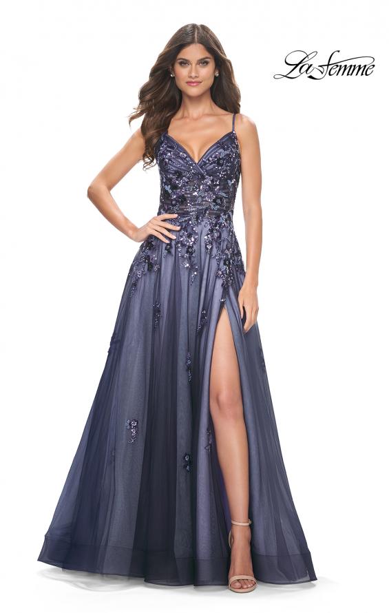 Picture of: Two Tone A-Line Tulle Gown with Ruching and Sequin Lace Detail in Navy, Style: 32185, Main Picture