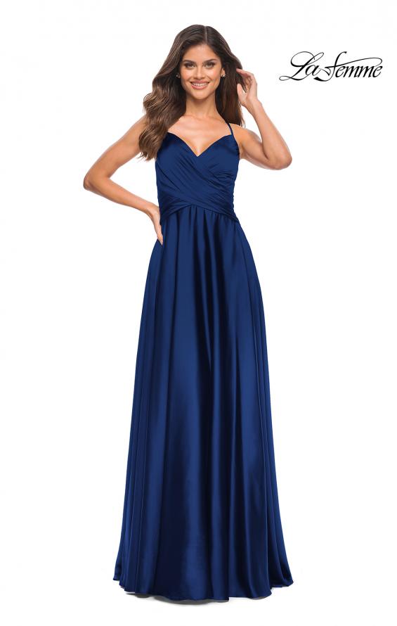 Picture of: Satin Jewel Tone Gown with Criss-Cross Ruched Top in Navy, Style: 30512, Detail Picture 8