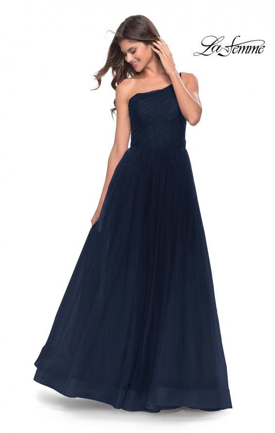 Picture of: One Shoulder A-Line Tulle Gown with Sheer Bodice in Navy, Style: 31069, Detail Picture 11