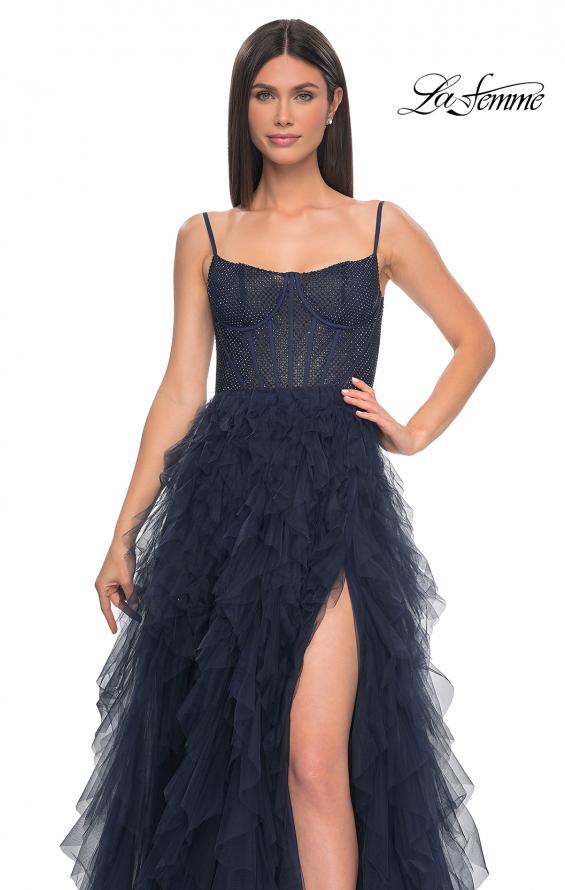 Picture of: Tulle A-Line Dress with Ruffle Skirt and Buster Rhinestone Fishnet Bodice in Navy, Style: 32233, Detail Picture 15