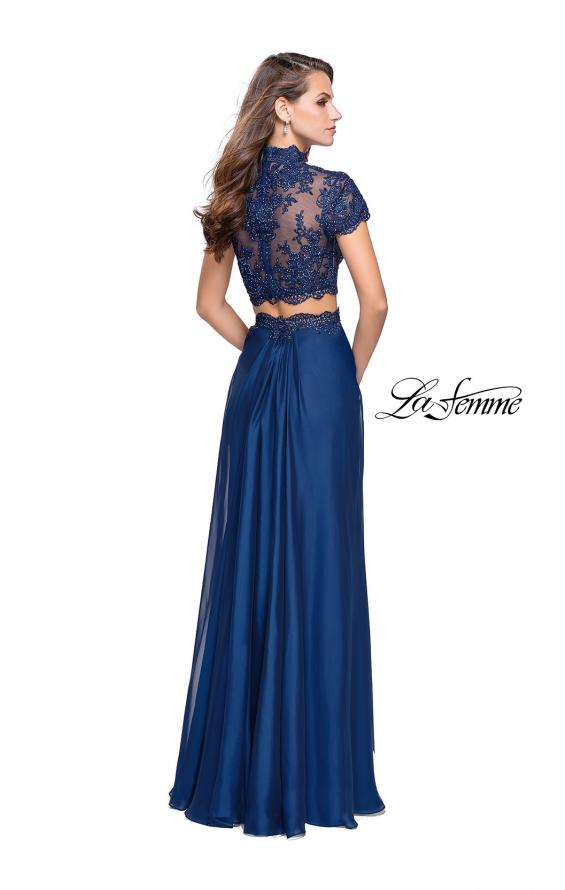 Picture of: Chiffon Two Piece Gown with Lace Top and Belt Detail in Navy, Style: 25384, Back Picture