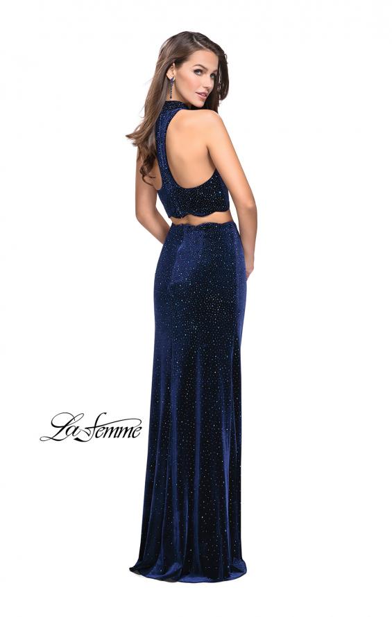 Picture of: Two Piece Velvet Prom Dress with Scallop Detail and Slit in Navy, Style: 25667, Back Picture