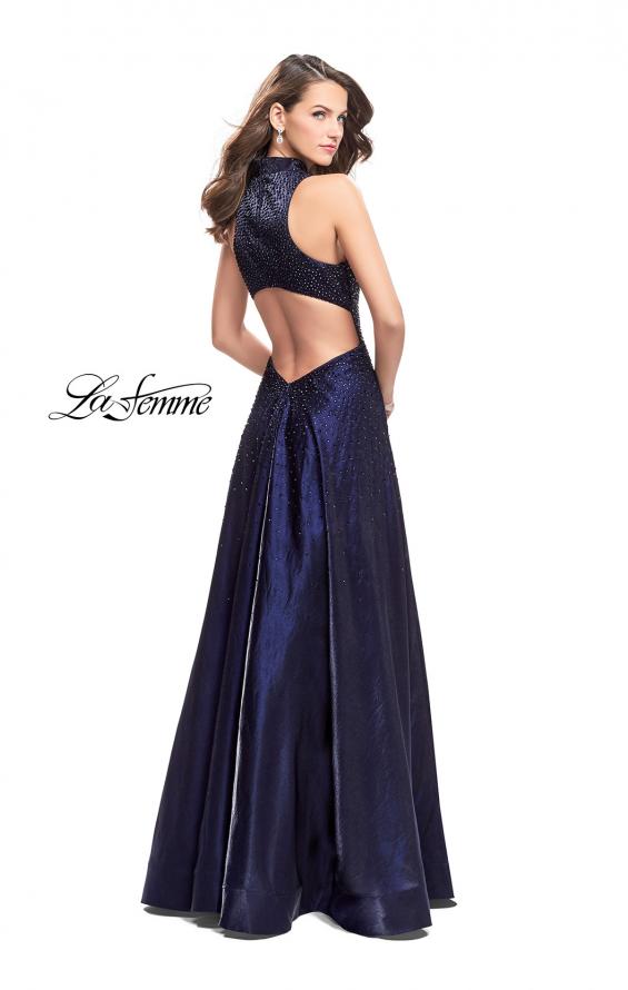 Picture of: Satin Ball Gown with Tonal Beading and Back Cutout in Navy, Style: 25986, Back Picture