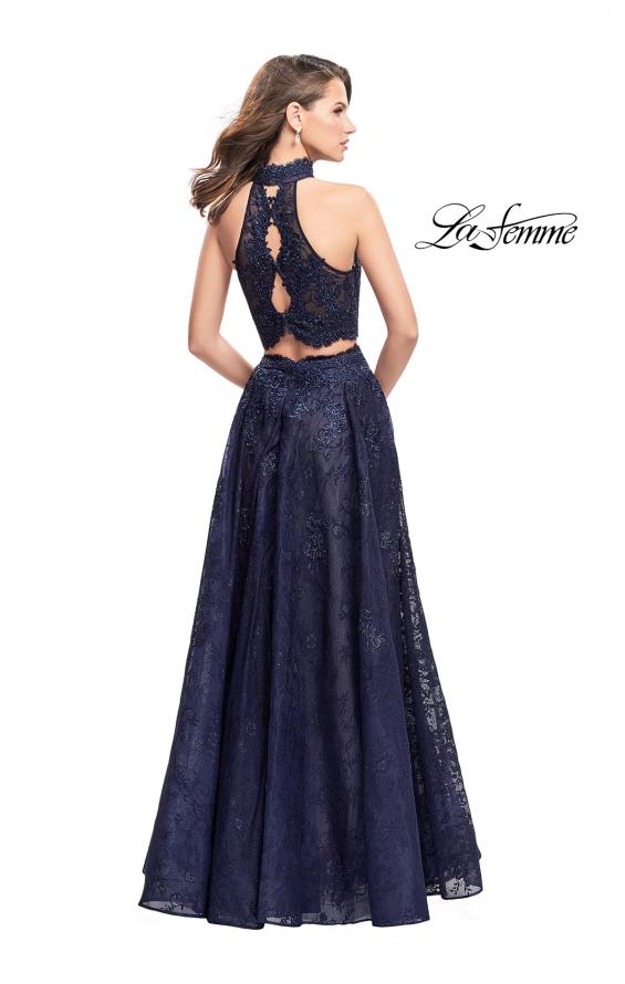 Picture of: Long Lace A-line Two Piece Prom Dress with Cut Outs in Navy, Style: 26103, Back Picture