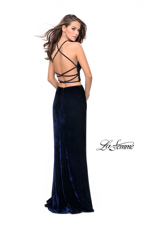 Picture of: Long Velvet Two Piece Prom Dress with Printed Bodice in Navy, Style: 26115, Back Picture
