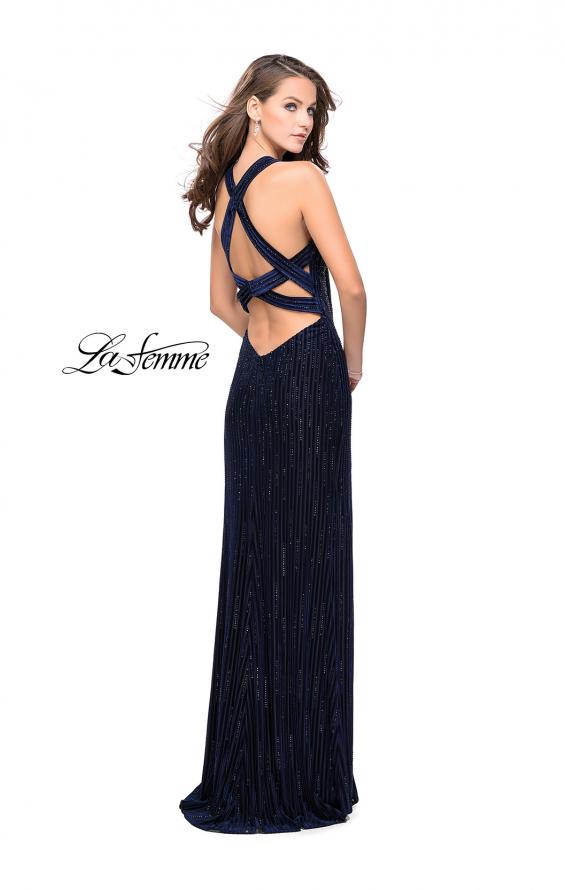 Picture of: Beaded Velvet Patterned Long Prom Dress with Slit in Navy, Style: 26116, Back Picture