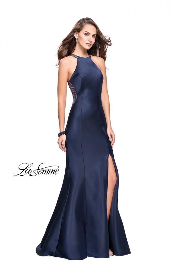 Picture of: Mikado Mermaid Dress with High Neck and Beading in Navy, Style: 26181, Back Picture