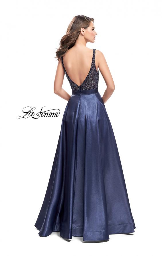 Picture of: Long Mikado Prom Dress with Beaded Bodice in Navy, Style: 26203, Back Picture