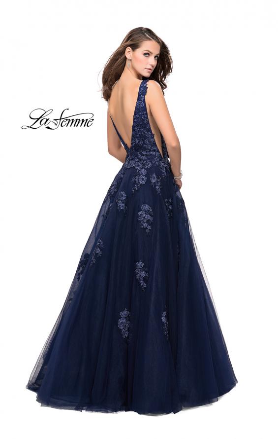Picture of: Tulle Ball Gown with Beading, Lace, and Mesh Detailing in Navy, Style: 26334, Back Picture
