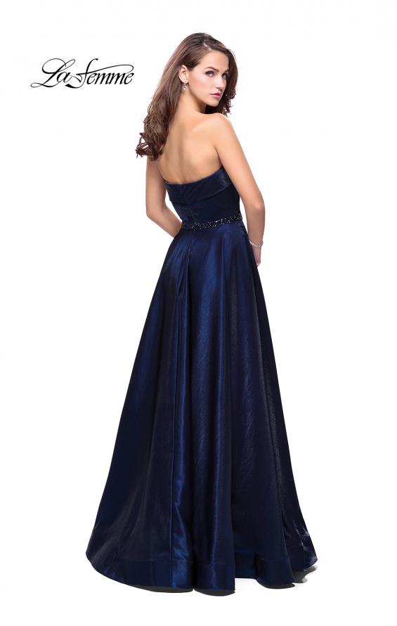 Picture of: Long Strapless Satin A-line Prom Dress with Pockets in Navy, Style: 26340, Back Picture