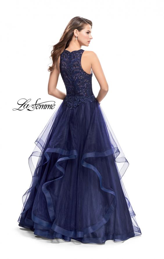Picture of: Ball Gown with Tulle Skirt, High Neck, Beads, and Lace in Navy, Style: 26386, Back Picture