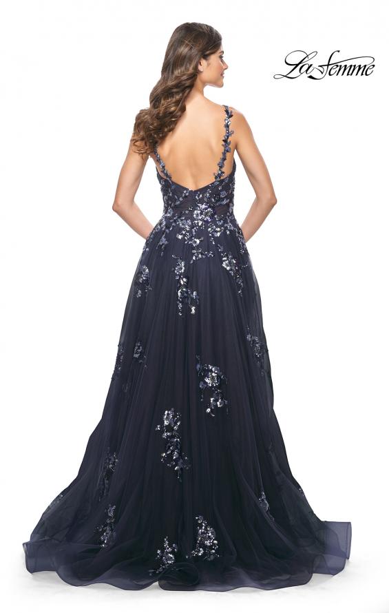 Picture of: A-Line Tulle and Floral Sequin Gown with High Slit in Navy, Style: 31936, Back Picture