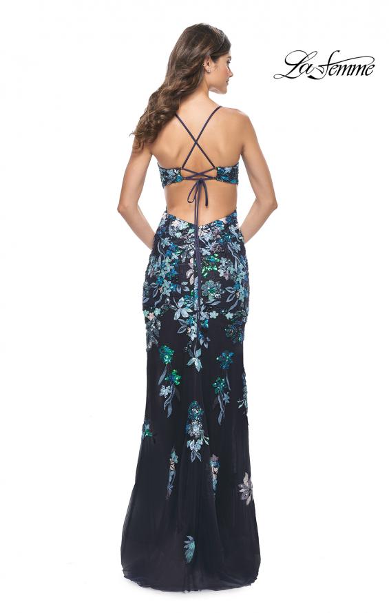 Picture of: Floral Embroidered and Sequin Print Gown with Lace Up Back in Navy, Style: 31992, Back Picture